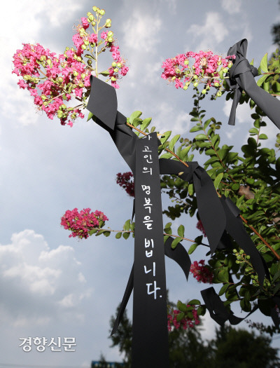 “고인의 명복을 빕니다” 지난 18일 서울 시내의 한 초등학교에서 숨진 교사를 추모하는 검은 리본들이 30일 서울 종로구 서울시교육청 앞에 걸려 있다. 권도현 기자 lightroad@kyunghyang.com