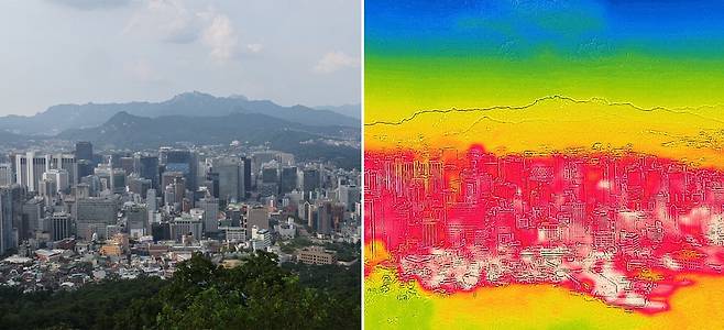 30일 서울·경기 등 수도권을 포함한 중부지방에 폭염 경보가 발효됐다. 사진은 이날 오후께 서울 남산 도심을 일반 카메라(왼쪽)와 열화상 카메라로 촬영한 모습. 서울 도심이 높은 온도를 의미하는 붉은색으로 물들었다. 한주형 기자·연합뉴스