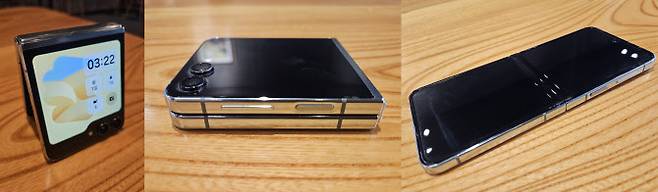 ‘갤럭시Z 플립5’의 접었을 때, 펼쳤을 때의 모습. 힌지 변경으로 접었을 때의 틈이 없다. 주름도 일부 개선된 모습이다. (사진=김정유 기자)