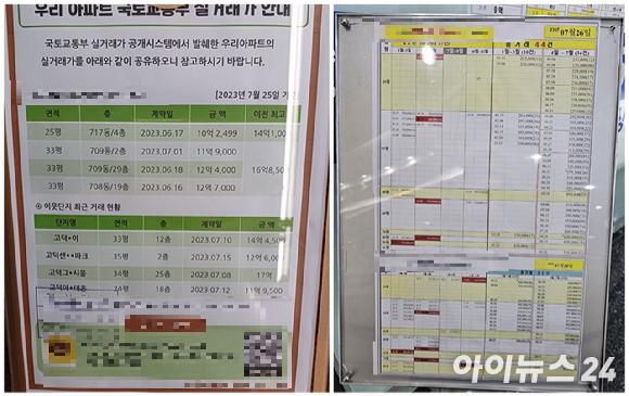 강서구 상일동 일원 아파트 단지 내 걸린 실거래가 안내 게시문(왼쪽)과 서초구 반포동 일원 아파트 단지 내 부동산 앞에 게재된 실거래표. [사진=온라인 커뮤니티·김서온 기자]