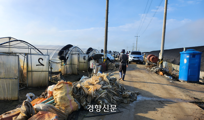 익산 용안면 김구태씨의 비닐하우스에서 나온 잔해물들이 농로에 쌓여있다. 김창효 선임기자