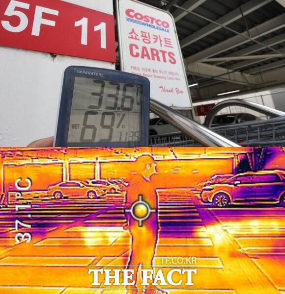 코스트코 하남점 5층 주차장은 사방이 뚫려 있어 외부 열기에 쉽게 노출되는 구조라, 오전 11시대인데도 33도를 넘어섰다. 취재진이 잠시 주차장에 서 있는 동안 체온이 37도에 달했다.