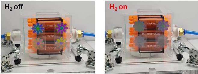 제작한 시제품 윈도우를 이용한 상온, 상압, 고습 환경에서 수소 가스 누출 테스트 시연 사진. 수소 가스가 누출되면 흐린 색으로 변한다.[KIST 제공]
