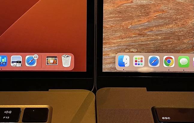 15인치 맥북 에어(왼쪽)는 스피커가 겉으로 드러나지 않고 제품 속에 내장돼 있어, 제품 전체에서 소리가 나는 것처럼 느껴졌다. 화면이 커졌지만 2021년 출시된 16인치 맥북 프로(오른쪽)보다 베젤(테두리)이 넓다는 점은 아쉬웠다./사진=백유진 기자 byj@