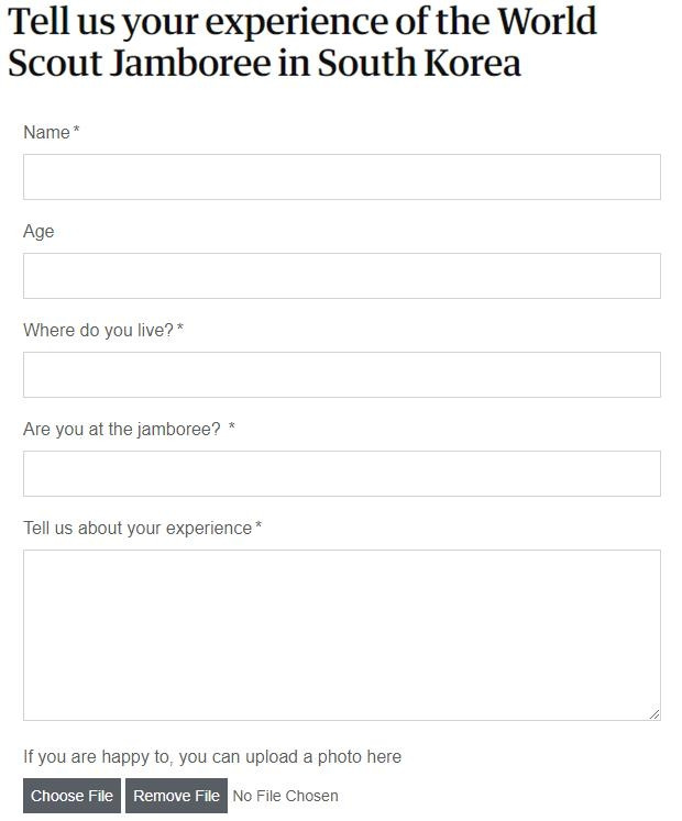 영국 일간 가디언은 4일(현지시간) 홈페이지 상단에 “한국에서 열린 세계 스카우트 잼버리에서 겪은 당신의 경험을 말해달라”는 제보 코너를 개설했다. 가디언 홈페이지 캡처
