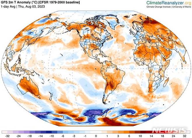 [청주=뉴시스] 연종영 기자 = 기상청 위탁관측소 고려대기환경연구소가 미국 메인(Maine) 대학 기후변화연구소의 지면·해수면 부근(2m)의 예년기준(1979~2000년) 기온변화 측정자료를 3일 공개했다. 한국과 동해, 중국 동부, 일본, 태평양, 미국 서부, 캐나다 남부 등지는 2~3도 상승했다. 2023.08.04. jyy@newsis.com