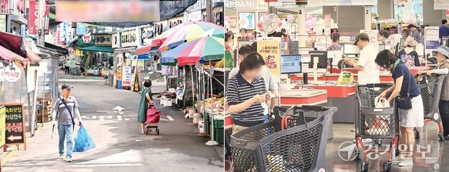 계속되는 폭염으로 시민들이 냉방이 잘되는 대형마트 및 백화점으로 몰리면서 재래시장 상인들이 울상을 짓고 있다. 4일 오전 한산한 북수원시장과 쇼핑객들이 가득한 대형마트의 모습이 대조를 이루고 있다. 홍기웅기자