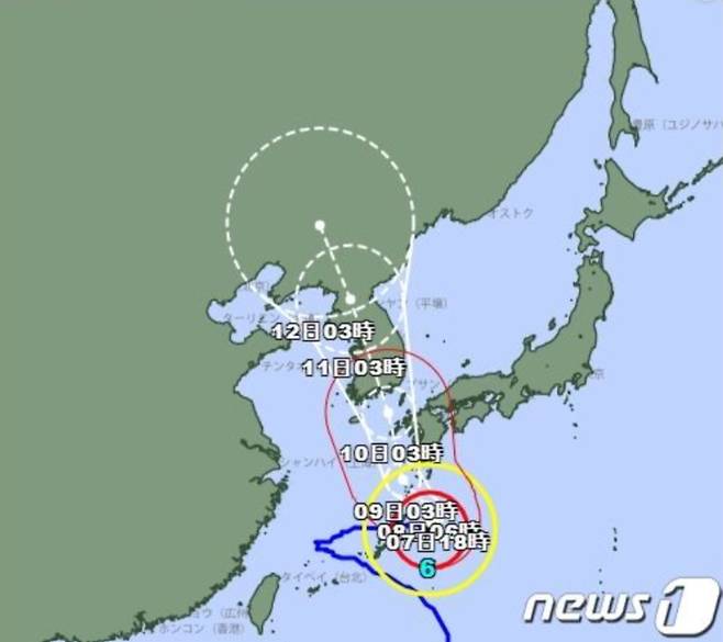 7일 오전 일본 기상청이 예측한 제6호 태풍 카눈의 예보원. /사진=뉴스1(출처=일본 기상청)