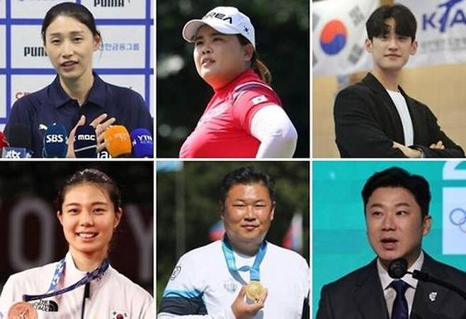 왼쪽 위부터 시계방향으로 김연경, 박인비, 이대훈, 진종오, 오진혁, 김소영