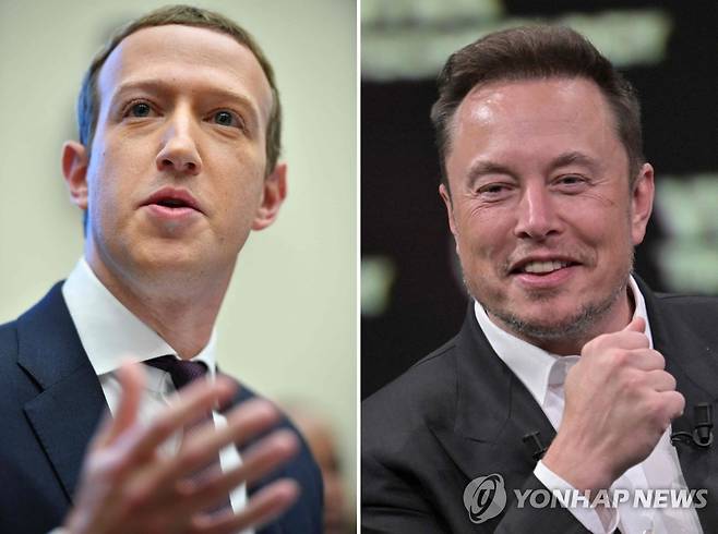 마크 저커버그 메타 최고경영자(CEO)(왼쪽)와 일론 머스크 테슬라 CEO [AFP 연합뉴스 자료사진. 재판매 및 DB 금지. Photo by Mandel NGAN and Alain JOCARD / AFP]