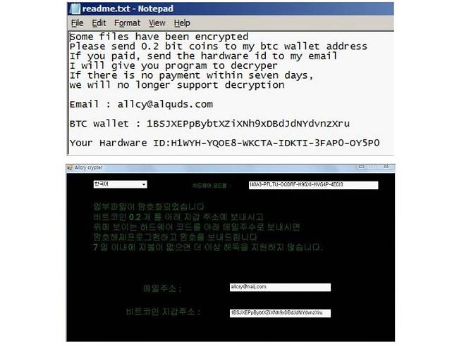 국내 사용자를 타깃으로 한 랜섬웨어 올크라이. 국내 1600여 PC가 피해를 입었다 / 출처=KISA