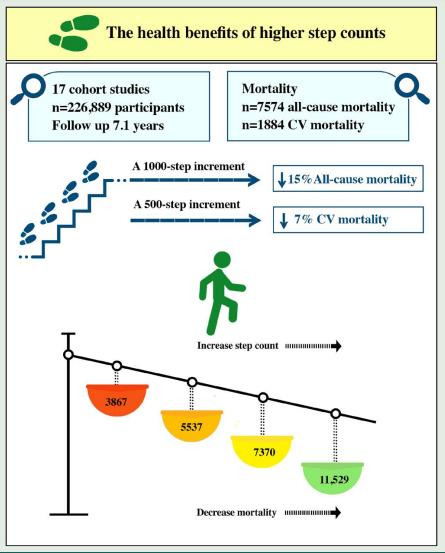 하루 걸음 수 증가할수록 사망 위험은 감소 [European Journal of Preventive Cardiology. Maciej Banach et al. 논문 캡처. 재판매 및 DB 금지]