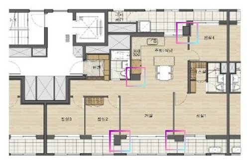 무량판 복합구조가 적용된 서울의 한 아파트 37평형 도면. 네모친 부분의 검은 구조체가 기둥이다.  
[편집 서미숙 기자. 재판매 및 DB 금지]