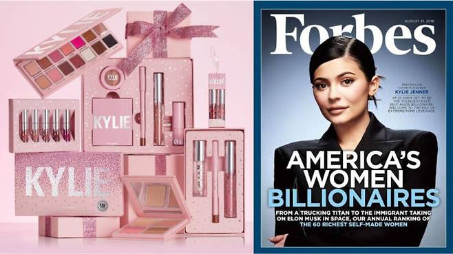 카일리 제너가 선보인 화장품 제품들(왼쪽)과 포브스 표지를 장식한 카일리 제너