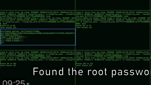 라이젠 7 7700X 프로세서에 리눅스를 설치한 뒤 '인셉션'을 시연하는 장면. 코드 실행 후 8초만에 root 비밀번호가 유출됐다.