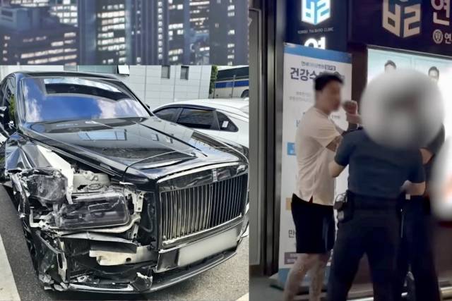 지난 2일 서울 강남구 압구정역 인근에서 롤스로이스 차량을 몰다 사람을 친 20대 운전자 신모(28)씨가 사고 직전 병원에서 나와 비틀거리는 모습. [JTBC 방송화면 캡처] 사고가 난 롤스로이스 차량(왼쪽)과 현장에 출동한 경찰과 대치하며 저항하는 롤스로이스 운전자 신모(28)씨. [유튜브 채널 ‘카라큘라 탐정사무소’ 캡처]