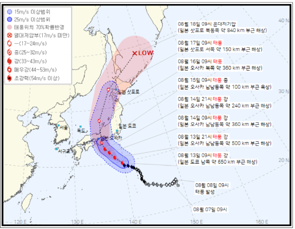 강력한 세력을 유지하고 있는 제7호 태풍 '란(LAN)'이 광복절 쯤 일본 열도에 상륙할 전망이다. 사진은 란의 이동 예상 경로. [사진=기상청]