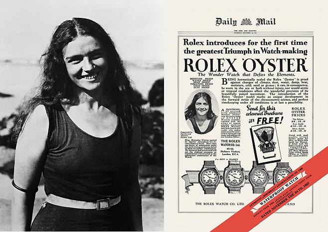 1927년, 메르세데스 글릿즈(왼쪽)과 데일리메일 신문광고(오른쪽). “롤렉스 오이스터의 출시와 전 세계적인 성공 행진.” 특허 성능을 입증할 기가 막힌 이벤트에 흥분한 롤렉스 창립자 한스 빌스도르프는 데일리메일 신문 1면에 그녀의 횡단 소식을 알리는 광고를 게재했다. TV는 물론이요, 별다른 광고 매체가 없던 시대 상황을 감안하면 그가 동원할 수 있는 모든 수단을 동원한 대대적 홍보를 한 셈이었다. [롤렉스]