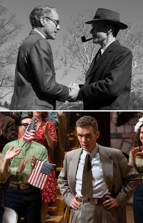 영화 ‘오펜하이머’에서 미국 원자력위원회 창립 위원인 루이스 스트로스(로버트 다우니 주니어·위쪽 사진 왼쪽)와 오펜하이머(킬리언 
머피)가 처음 만나 악수하고 있다. 원자폭탄 실험에 성공한 오펜하이머가 동료와 가족 앞에서 연설하기 위해 단상으로 향했다. 
유니버설픽쳐스 제공