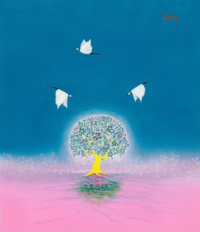 UTOPIA TREE, 53.0×45.5cm, acrylic on canvas, Textile color, 2023. 문형선 작가 제공