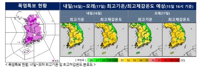 ⓒ기상청:오늘 폭염특보 현황과 내일(16일)~모레(17일) 최고 체감온도