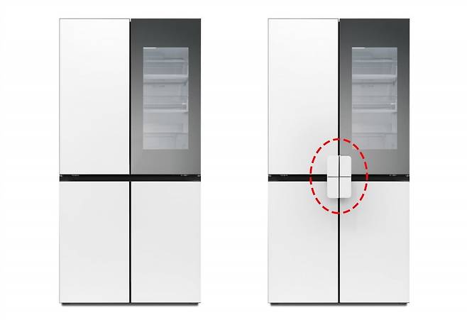 LG 디오스 냉장고에 유니버설 업 키트 '이지 핸들'을 적용하기 전(왼쪽)과 후의 모습. / 사진=LG전자 제공