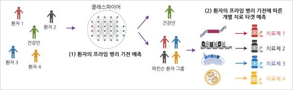 인공지능 기반의 파킨슨 하위 유형 예측 플랫폼. 데이터를 학습한 머신러닝 기반 클래시파이어(Classifer)는 모집단을 파킨슨 그룹과 건강한 그룹으로 나누고 파킨슨 그룹 환자 개개인을 기전적 하위 유형에 따라 추가적으로 분류해 파킨슨병 환자들의 고유한 질병 하위 유형에 맞는 기전 특이적 효능 약물을 매칭시킴으로써 파킨슨병 치료 효과를 개선할 수 있다. KAIST 제공