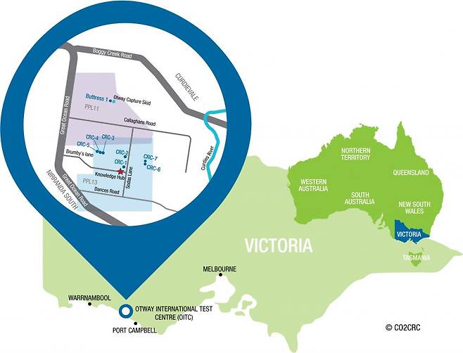 호주 오트웨이 국제 CCS(탄소 포집·저장) 실증센터 위치도. [CO2CRC 제공]