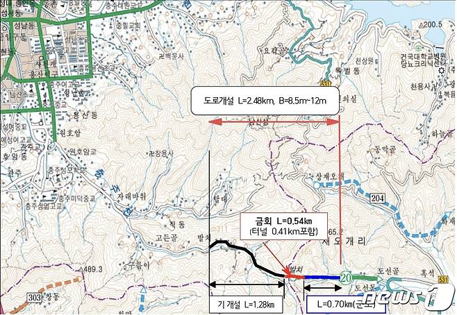 17일 (충주=뉴스1) 윤원진 기자 = 충북 충주시는 직동 발티마을과 살미면 재오개리를 연결하는 직동터널을 2024년 6월 개통한다고 밝혔다. 사진은 노선도.(충주시 제공)2023.8.17/뉴스1