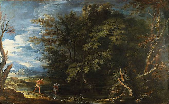 이탈리아 화가 살바토르 로사의 1663년경 작품 ‘머큐리와 거짓말쟁이 나무꾼이 있는 풍경’. 이 무렵 역사 풍경화가 유행해 소장가가 백지수표를 주고 그림을 구매한 것으로 알려져 있다.