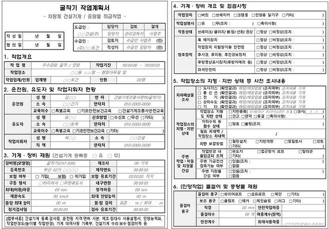 [서울=뉴시스] 고용노동부가 공사 현장에서 사망사고가 다발하는 기계·장비 6종에 대한 작업계획서 표준안을 제작해 18일 배포했다. 2023.08.18. (자료=고용노동부 제공) *재판매 및 DB 금지