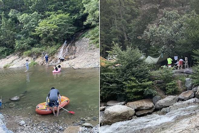 양산 무지개폭포. 피서지를 방문해 휴식을 취하고 있는 방문객의 모습. 사진=임우섭 기자