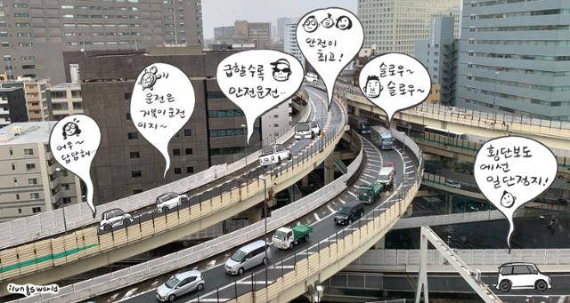 한국과 일본의 도로·교통문화는 승용차에 대한 개념부터 자동차 운전방식, 운전자들의 성향, 보행자의 행동에 이르기까지 큰 차이를 보인다. 일러스트 김일영