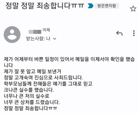 백군 아버지가 21일 유튜브를 통해 공개한 '선배맘'의 메일 답장. /사진=백강현군 유튜브 갈무리