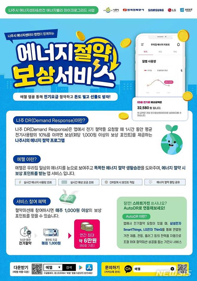 [나주=뉴시스] 한국전력이 본사 소재지 지자체인 나주시와 전기를 절약한 가구에 현금처럼 사용 가능한 포인트를 지급하는 '지역 DR(Demand Response-수요반응) 서비스'를 9월부터 본격 시행한다. ( 홍보물 이미지=한전 제공) 2023.08.21. photo@newsis.com *재판매 및 DB 금지