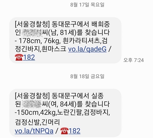 실종경보 문자 캡처