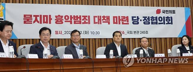 당정, 묻지마 범죄 대책 논의 (서울=연합뉴스) 한상균 기자 = 22일 국회에서 국민의힘 윤재옥 원내대표가 '묻지마 흉악범죄 대책 당정협의회'를 하고 있다. 2023.8.22 xyz@yna.co.kr