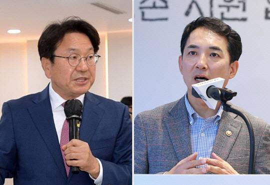더불어민주당 소속 강기정 광주광역시장, 국민의힘 소속의 박민식 국가보훈부 장관.<강기정 광주광역시장 페이스북·연합뉴스 사진 갈무리>