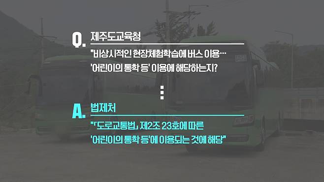 법제처는 비상시적인 현장체험학습에 이용되는 버스 역시 ‘통학버스’의 범주에 속한다고 봤다.