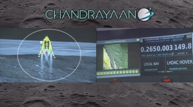 23일(현지시간) 오후 인도의 무인 달 탐사선 찬드라얀 3호(왼쪽)기 달 남극 쪽 표면에 착륙하는 모습을 시뮬레이션한 모습이 생중계 되고 있다. 오른쪽은 찬드라얀 3호의 착륙 고도가 표시되고 있다.인도우주연구기구(ISRO) 유튜브 캡처