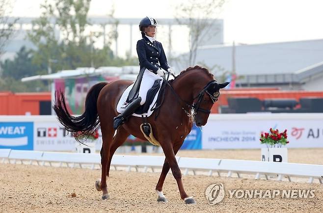 지난 2014년 9월 20일 인천시 드림파크 승마장에서 열린 2014 인천 아시안게임 승마 마장마술 단체전에 출전한 정유라씨가 경기를 펼치는 모습.  [사진출처=연합뉴스]