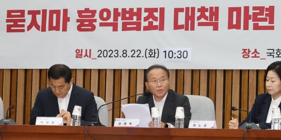 지난 22일 국회에서 열린 ‘묻지마 흉악범죄 대책 당정협의회’에서 국민의힘 윤재옥 원내대표가 발언하고 있다. 2023.8.22 연합뉴스