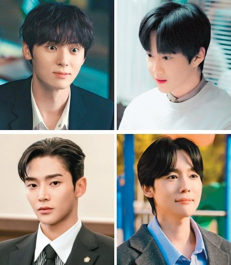 뉴이스트 황민현, 엑소 수호, 위너 김진우, SF9 로운(왼쪽 위부터 시계방향으로) 등 아이돌 출신 배우들이 안방극장의 로맨스 주역으로 올라섰다. 사진제공｜tvN·JTBC·KBS