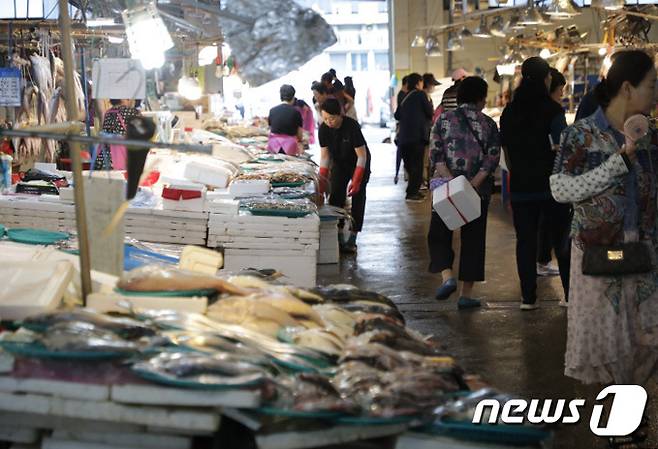 생선을 구매하러 나온 손님들이 24일 울산 삼산농수산물 시장에 들러 생선을 구경하고 있다.2023.8.24/뉴스1  ⓒ News1 김지혜 기자