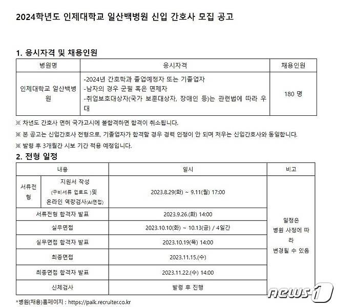 인제대학교 인재채용센터 홈페이지 갈무리