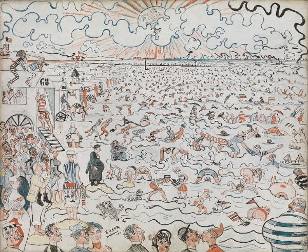 '오스텐드의 해수욕장'(1890). 자세히 보면 재미있는 이미지들이 많이 숨어 있다. 오스텐드의 해변 풍경에 대한 가벼운 조롱이 섞인 묘사로, 작품 곳곳에 있는 몇몇 노골적인 묘사는 전시를 거부당하는 이유가 되기도 했다. /개인 소장