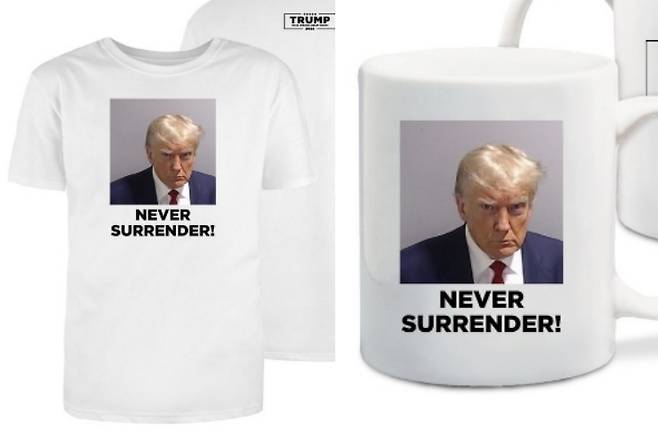 ‘트럼프 2024’ 홈페이지에서 판매되고 있는 머그샷이 새겨진 티셔츠와 컵