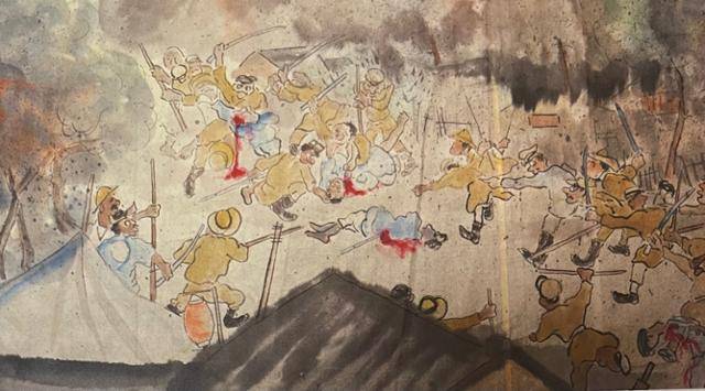 일본 도쿄 신주쿠구 고려박물관에 전시된 간토대지진 두루마리 그림 중 조선인 학살이 묘사된 부분. 고려박물관 제공
