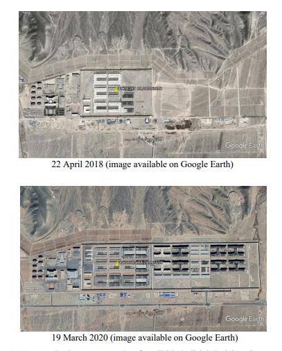 지난해 9월 유엔 인권사무소가 공개한 신장위구르 자치구 인권 실태 보고서에 담긴 이른바 ‘직업교육훈련센터’의 구글어스 위성 사진. 2020년 3월 찍힌 사진(아래)을 보면 센터가 2018년 4월(위) 대비 3배가량 확장된 모습을 확인할 수 있다. 유엔 보고서 캡처