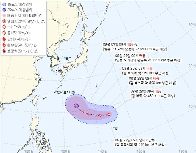 11호 태풍 하이쿠이 발달이 예고된 제19호 열대저압부 예상 진로(기상청 제공)